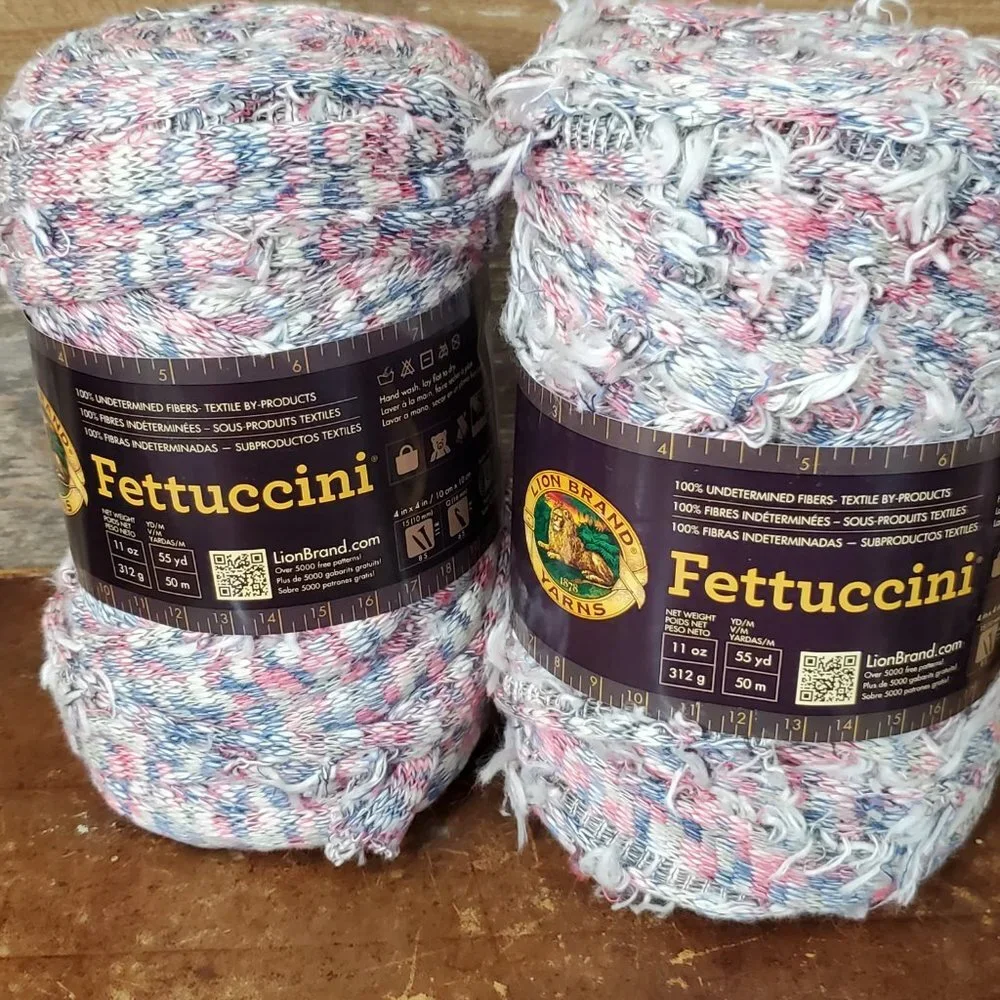 2 Skeins Lion Brand Fettuccini Fabric Remnant Yarn - Red, White, Blue Tweed #132